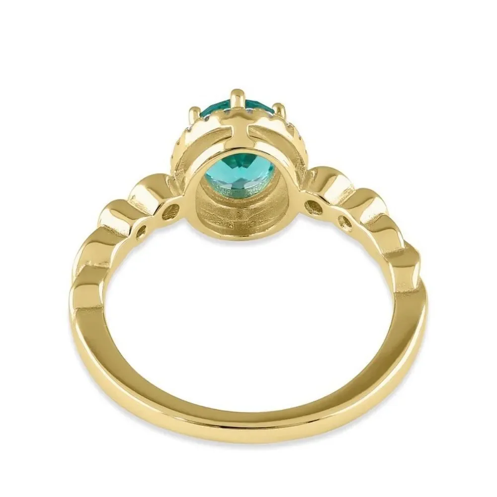 Sterling Elegance: Teal Halo Ring in Gold Vermeil with Side Stone Detailing